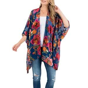 Floral Print Velvet Burnout Kimono Open Front Multi Color One Size Boho Cottage